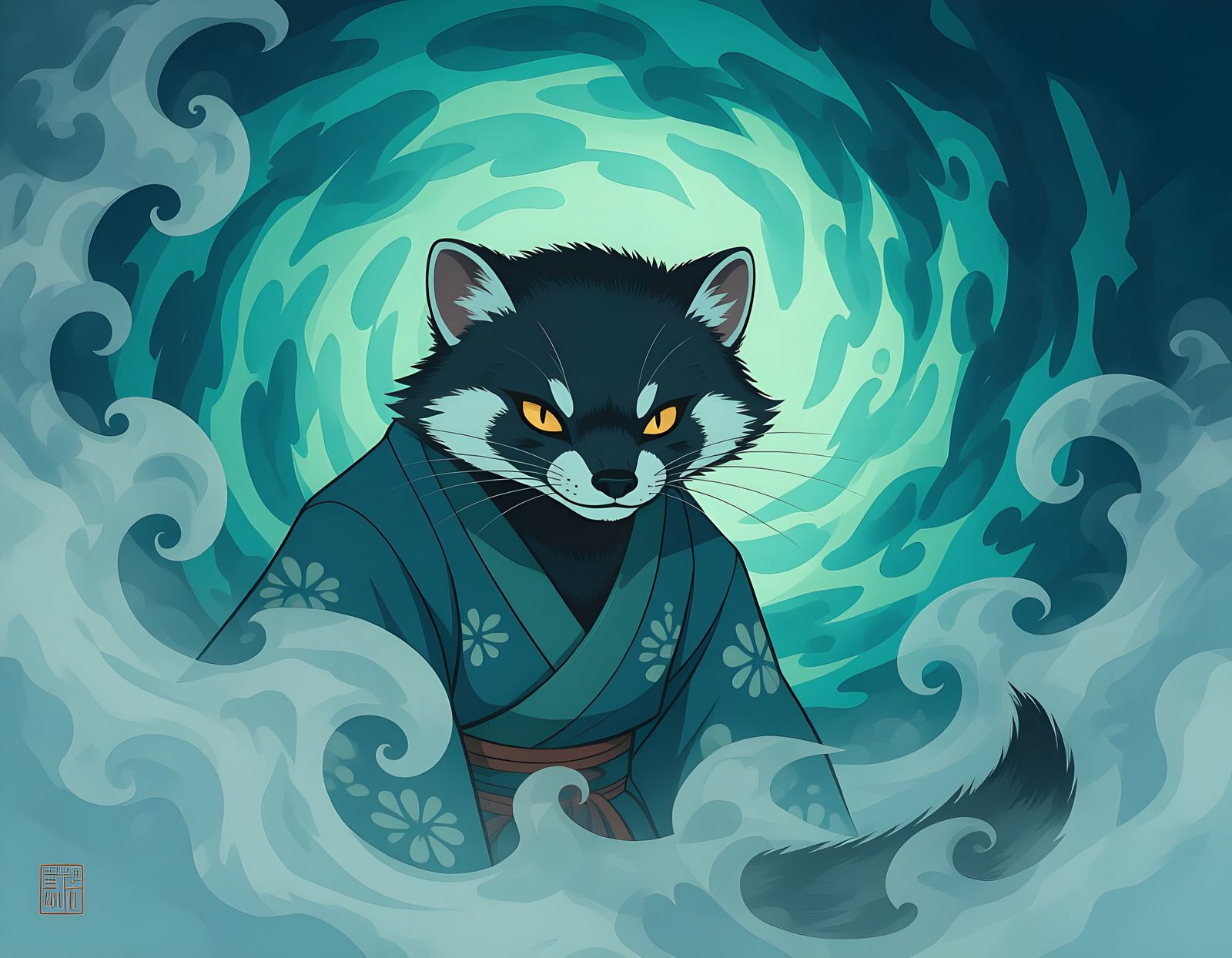 Kamaitachi Weasel in Swirling Mist, Sumi-e Style