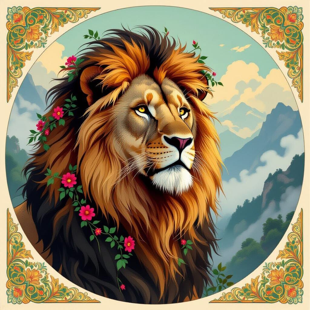 Majestic Lion in Art Nouveau Style on Misty Mountain