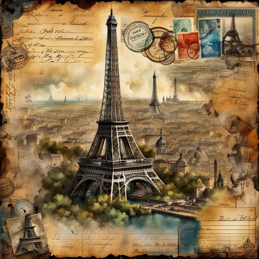 Parisian Postcard Collage on French Invoice