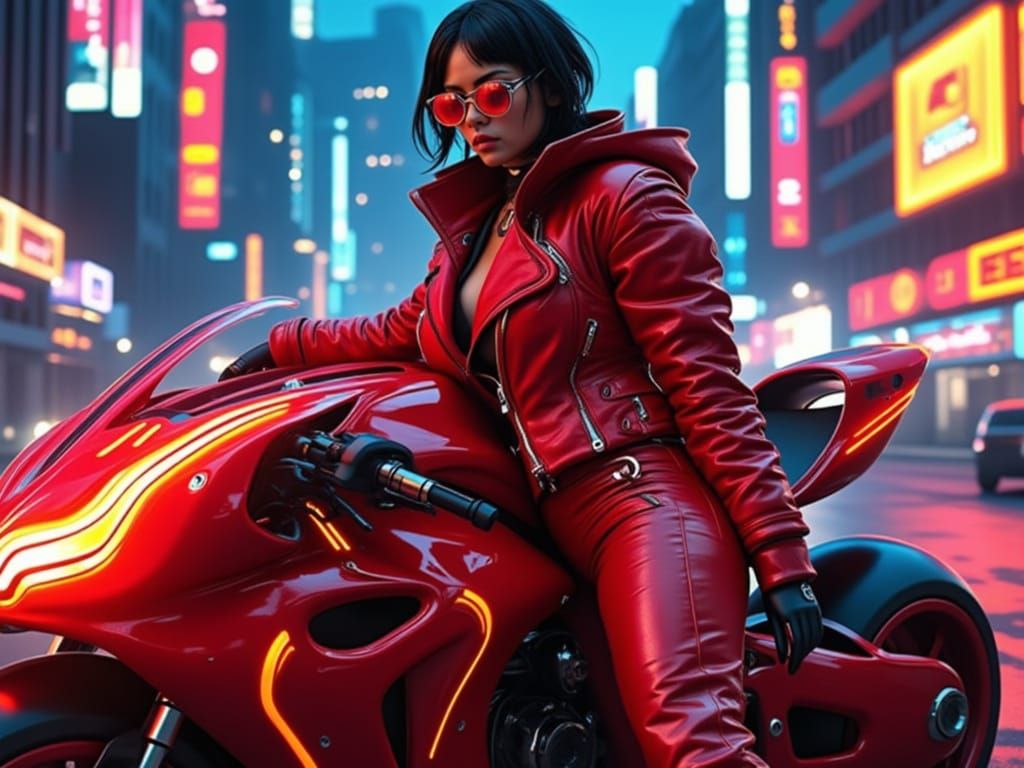 Cyberpunk Woman with Neon Motorcycle in Dystopian Cityscape