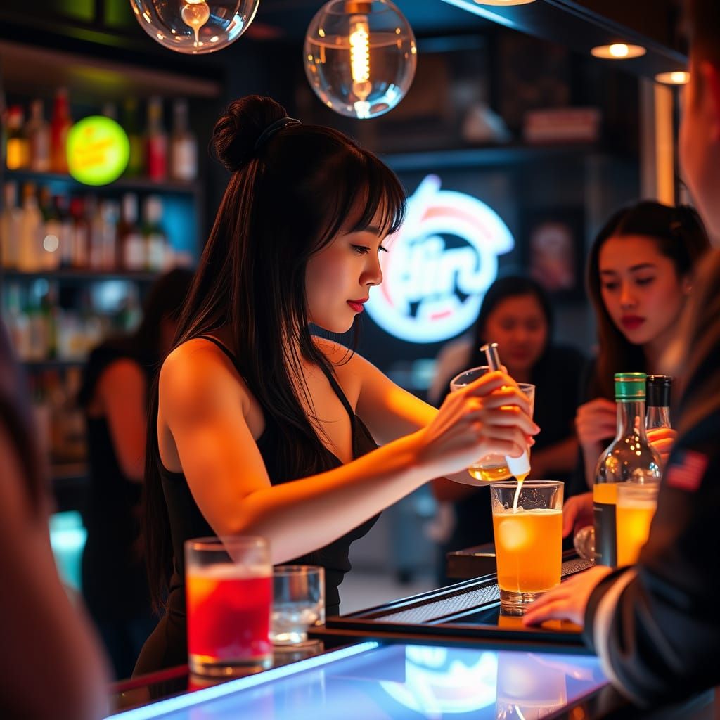 Sultry Nightclub Bartender in Chic Attire