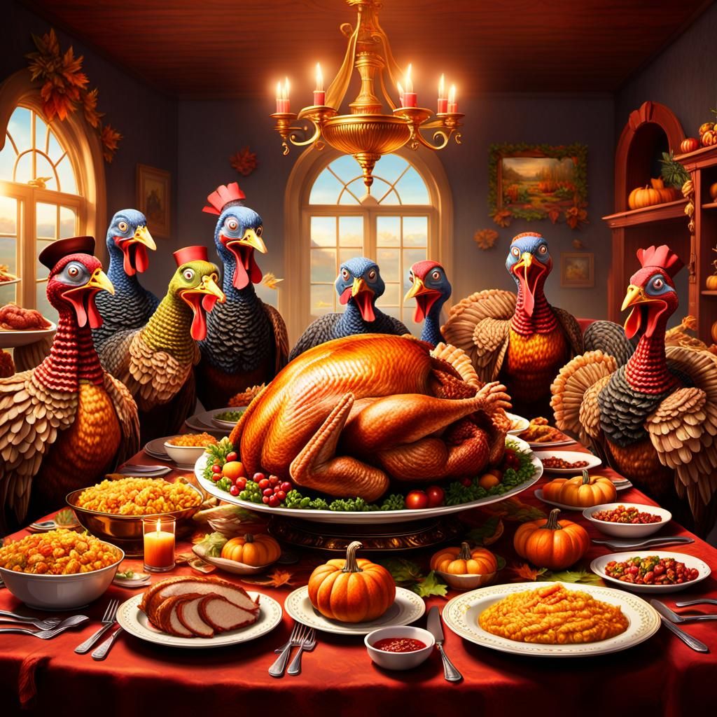 Turkeys' Shock at Thanksgiving Dinner: Digital Art