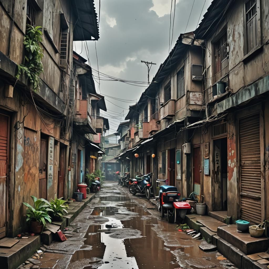Jakarta Alleyway After Rain in Detailed Matte Painting