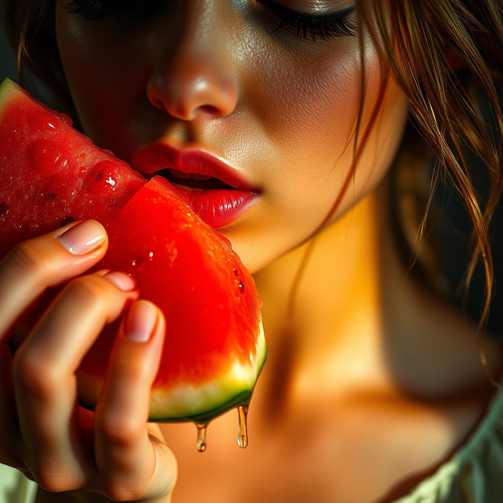 Woman Enjoys Watermelon in Hyperrealistic Cinematic Style