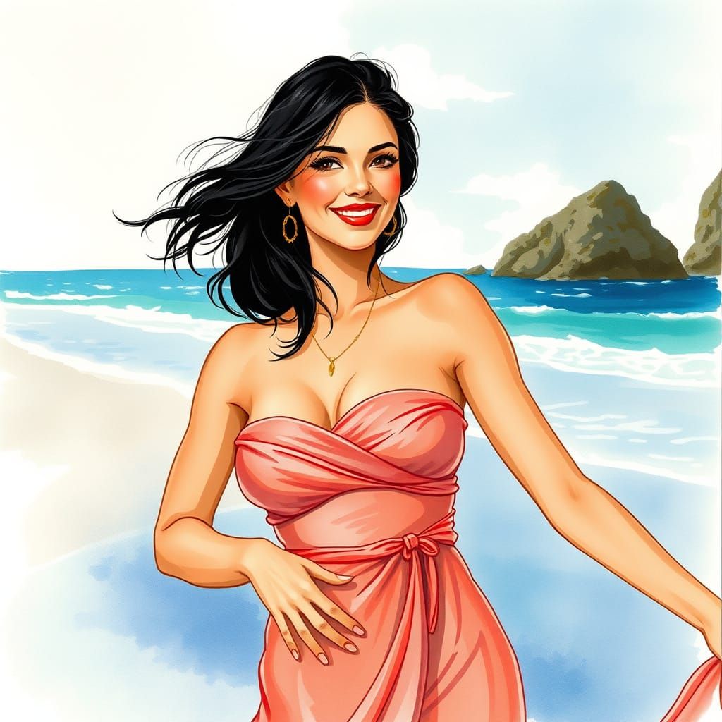 Woman on Beach in Art Nouveau Watercolor Style