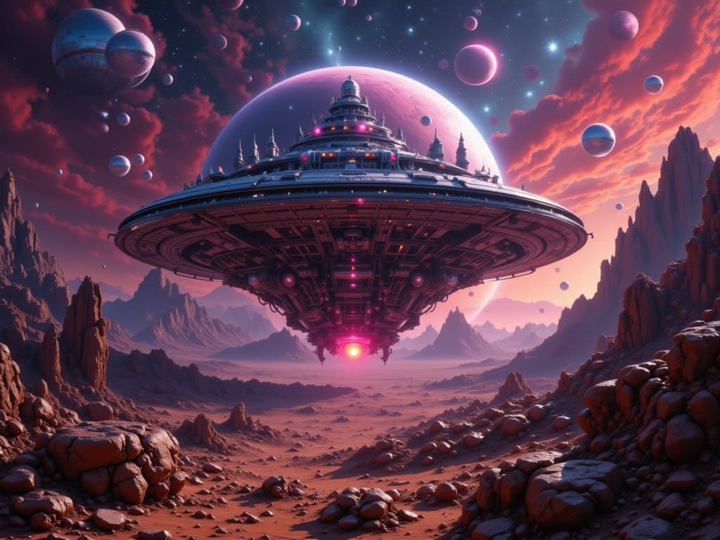 Starship Landing on Andromeda 9 in Vintage-Futurism Style