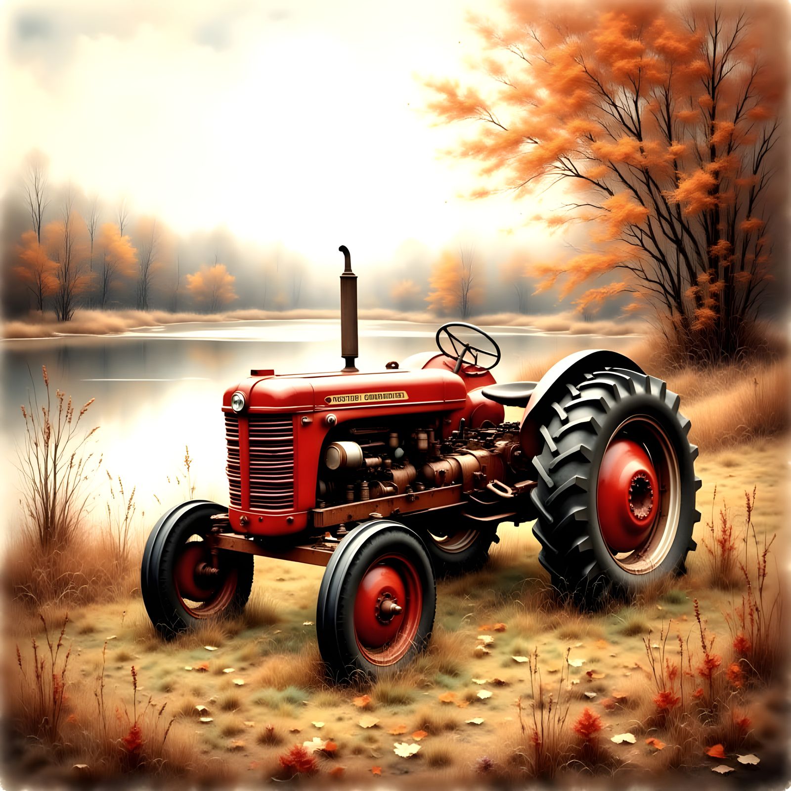 Abandoned Tractor in Autumn Knoll Near Glassy Pond