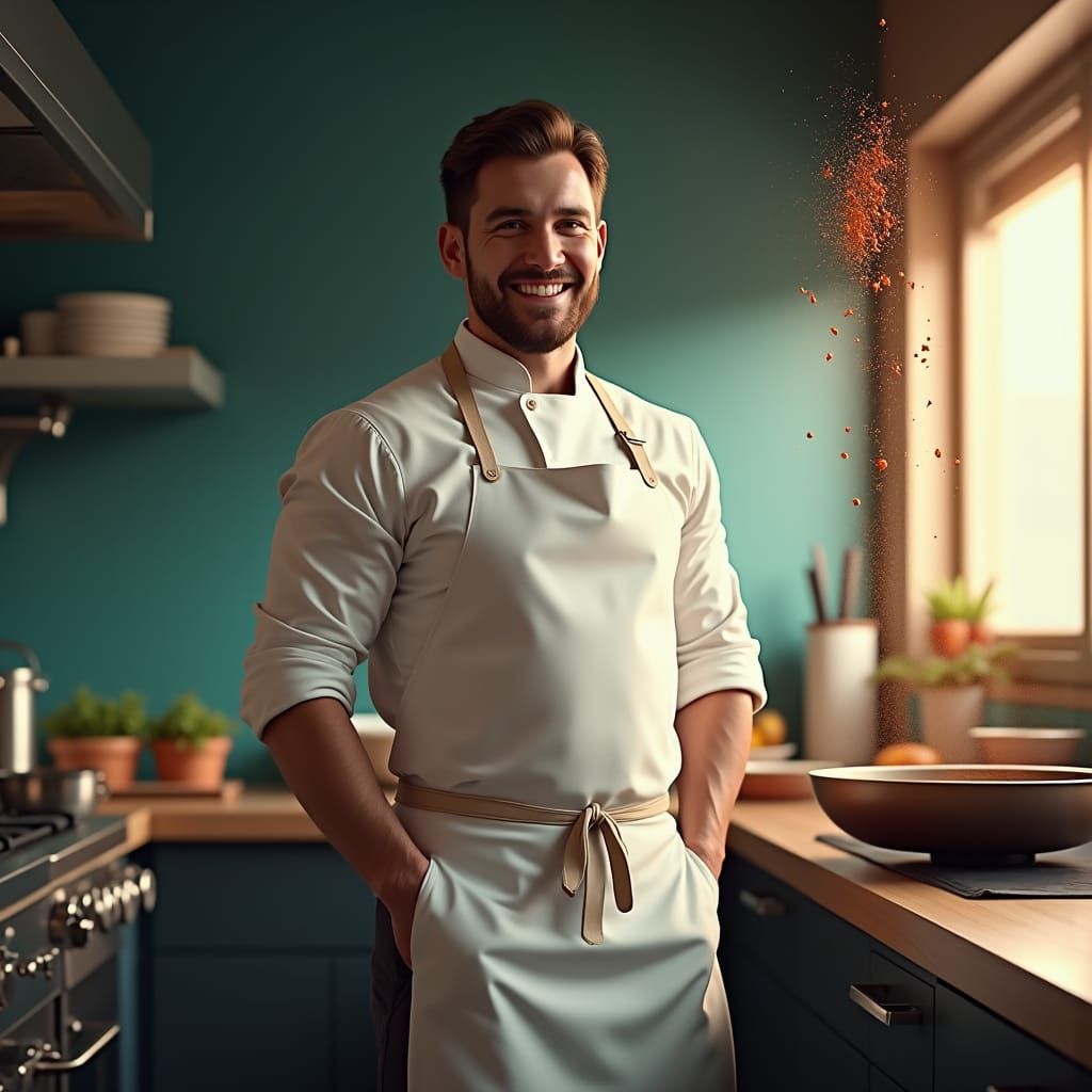 American Chef Mid-Flight in Modern Kitchen