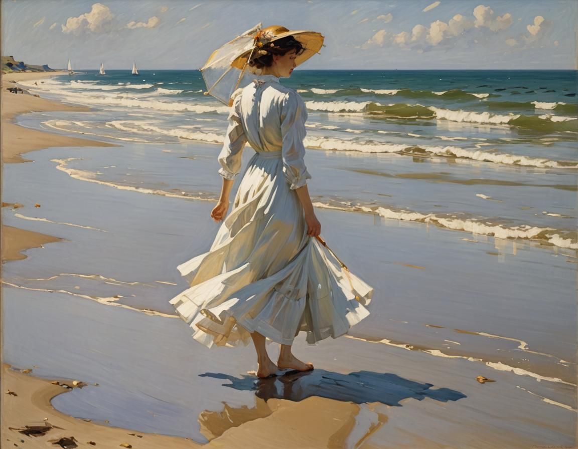 Woman on North Sea Beach in Impressionist Style