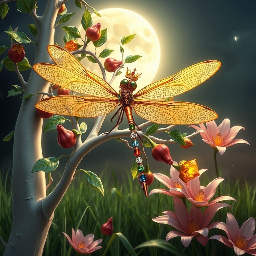 Metallic Dragonfly with Jeweled Leaves and Gemstone Fruits