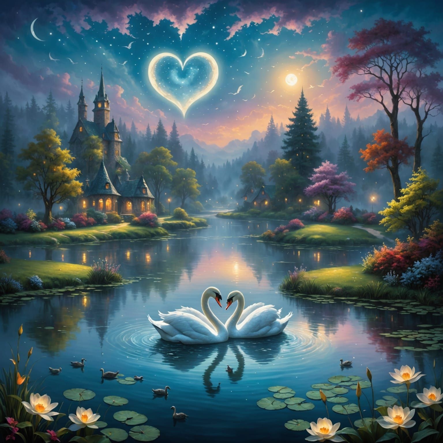 Swans in Heart Shape on an Enchanted Pond Under Moonlight in...