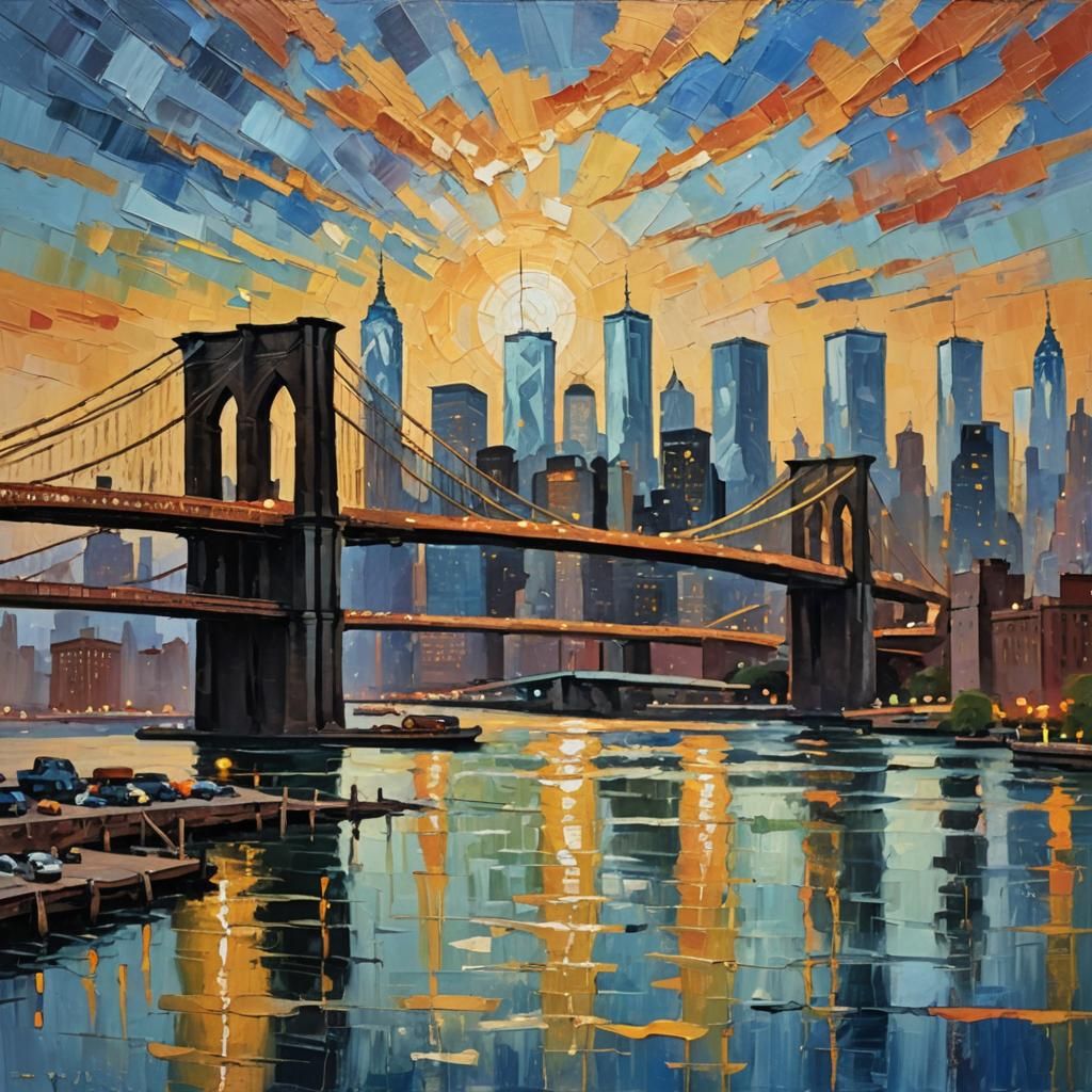 Brooklyn Bridge Sunset: Expressionist Impasto Oil Painting
