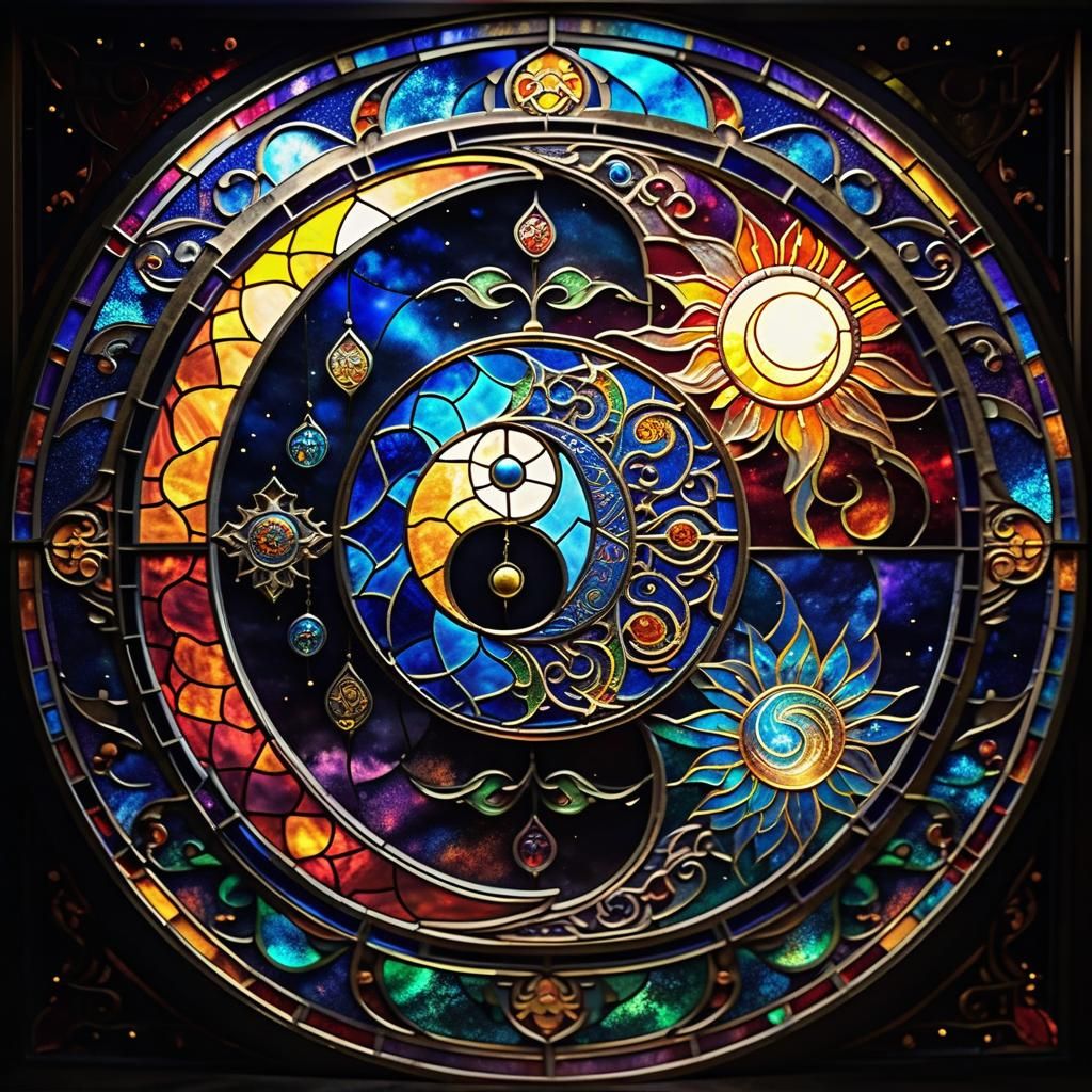 Stained Glass Yin Yang with Sun and Moon