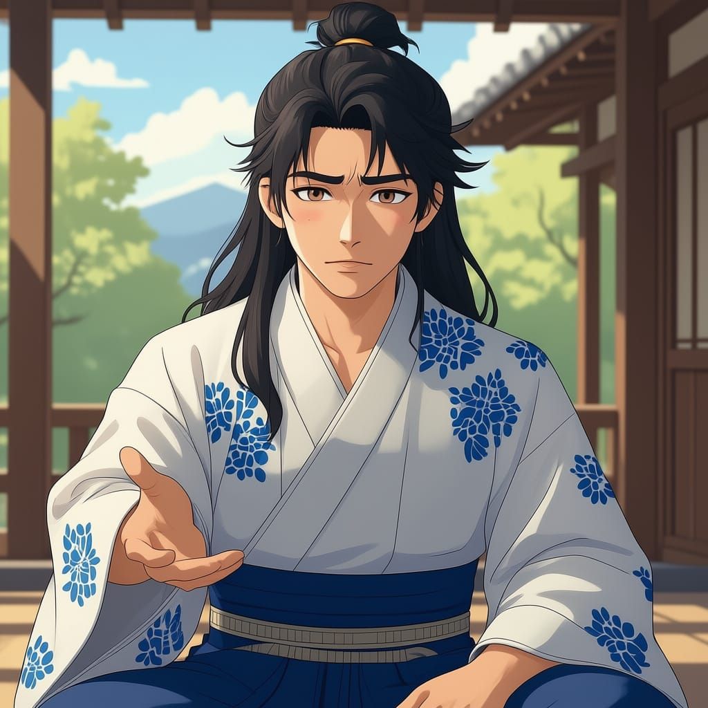 Handsome Japanese Man Playing Biwa in Kimono