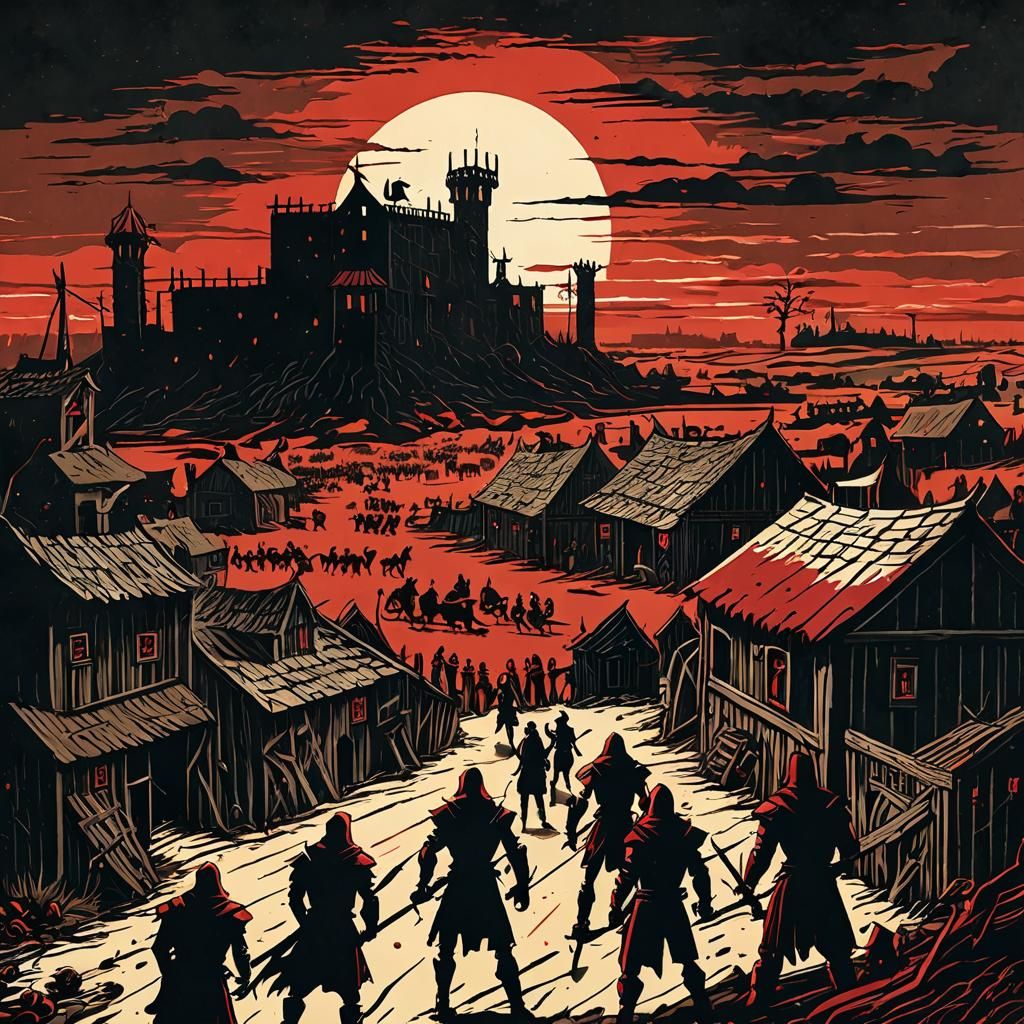 Dark Fantasy: Sun Sinks Over Medieval Town