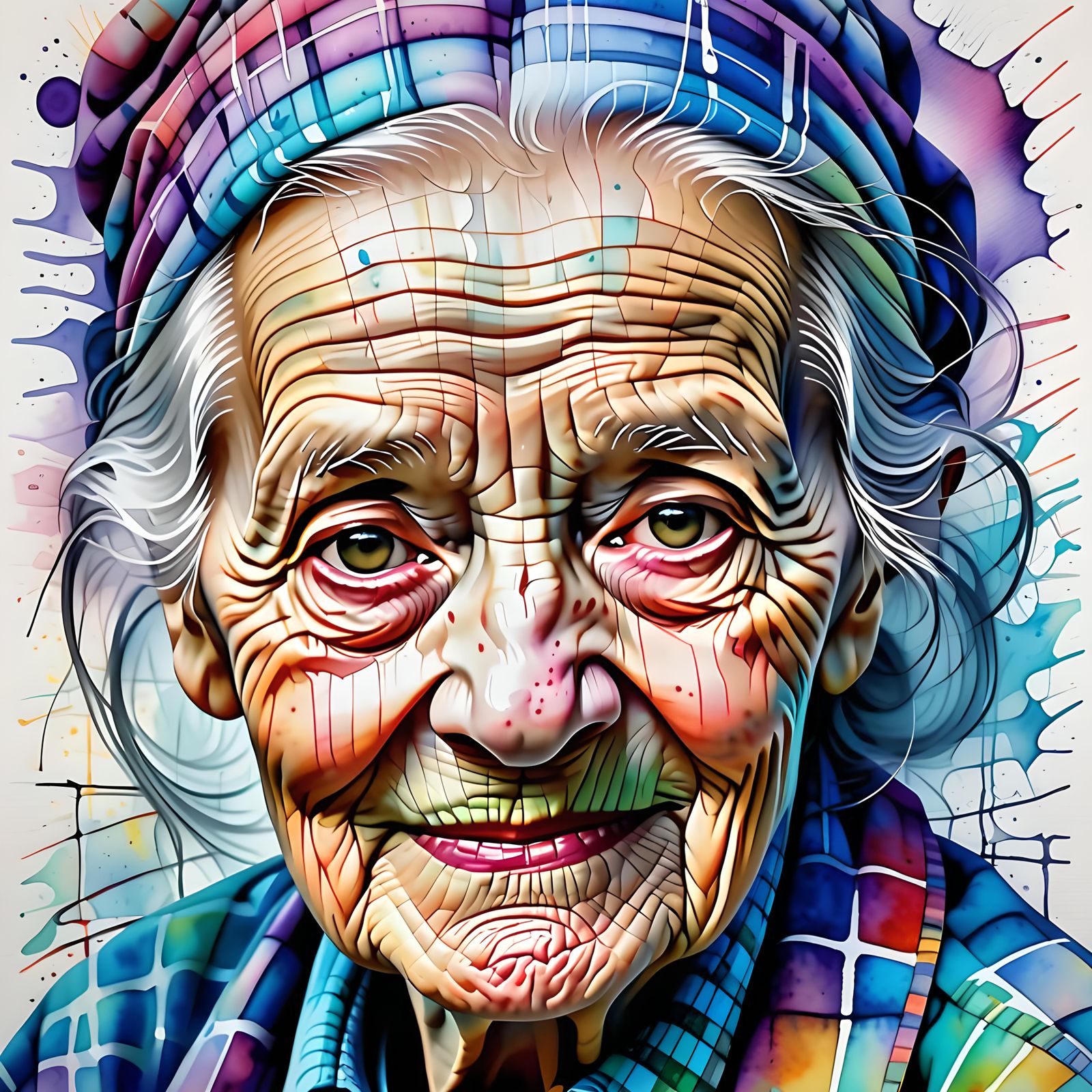 Abstract Portrait of an Old Woman in Watercolor Style