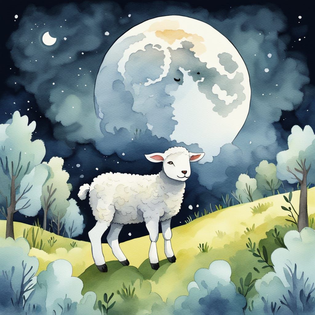 Scared Lamb Howling Wolf Cartoon in Watercolor Style