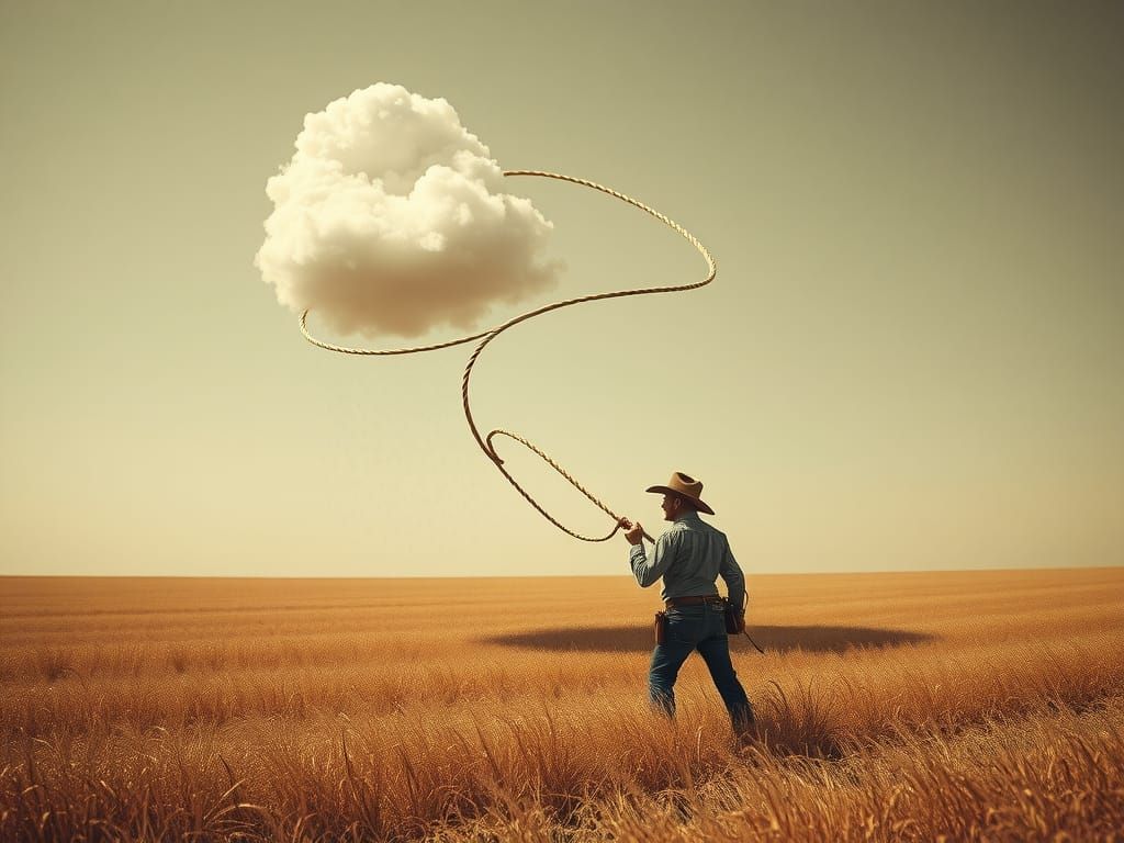 Cowboy Lassoes Cloud in Magical Realism Style