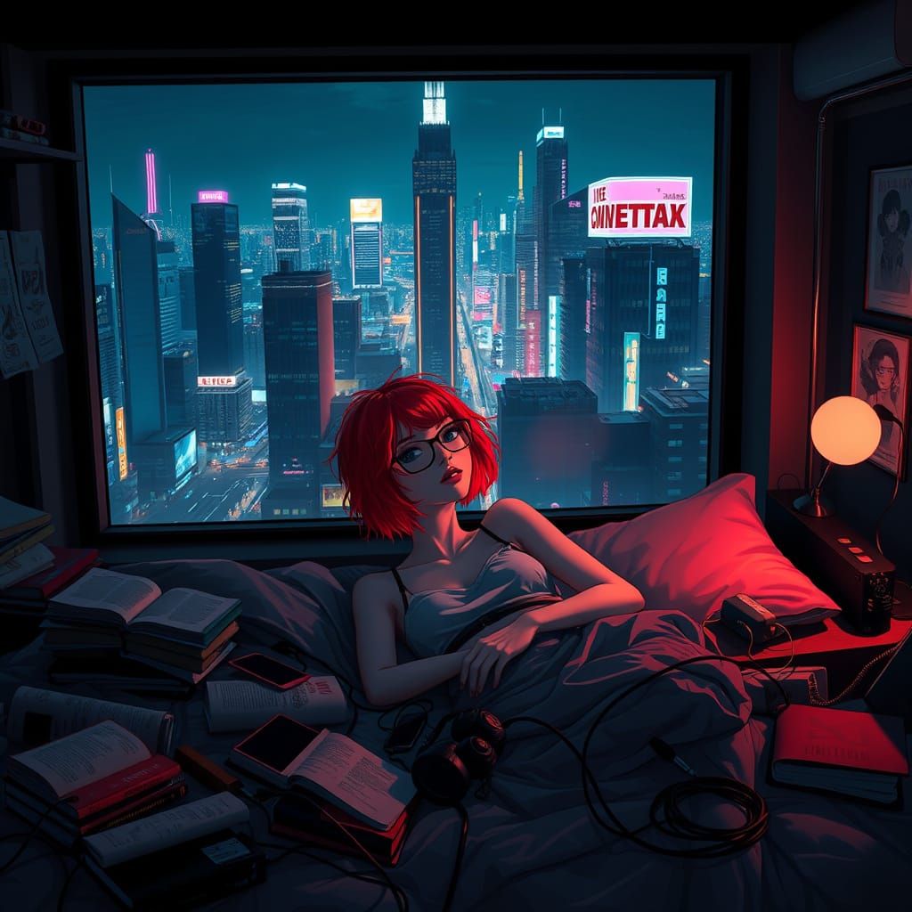 Futuristic Cyberpunk Girl's Bedroom in Neon-Lit Japanese Cit...