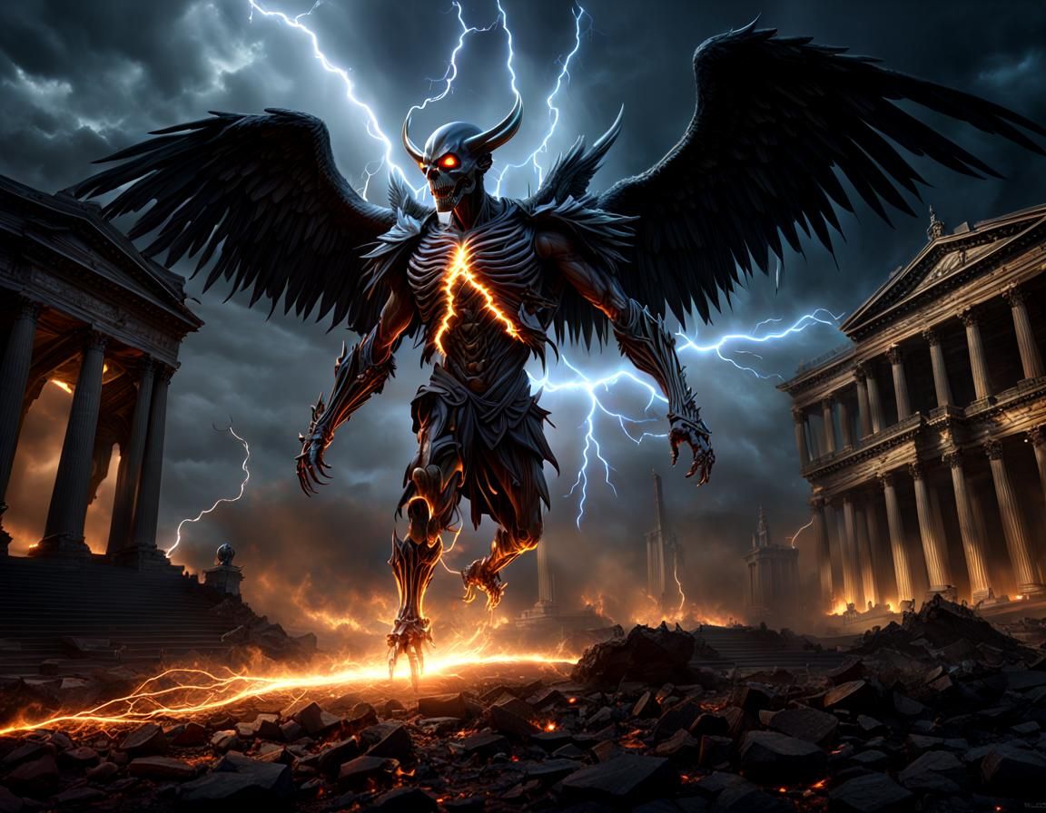 Skeletal Angel Demon Lightning Strike: Dark Fantasy Art