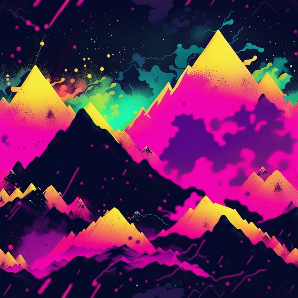 Neon Synthwave Ink Splatter Mountain Design