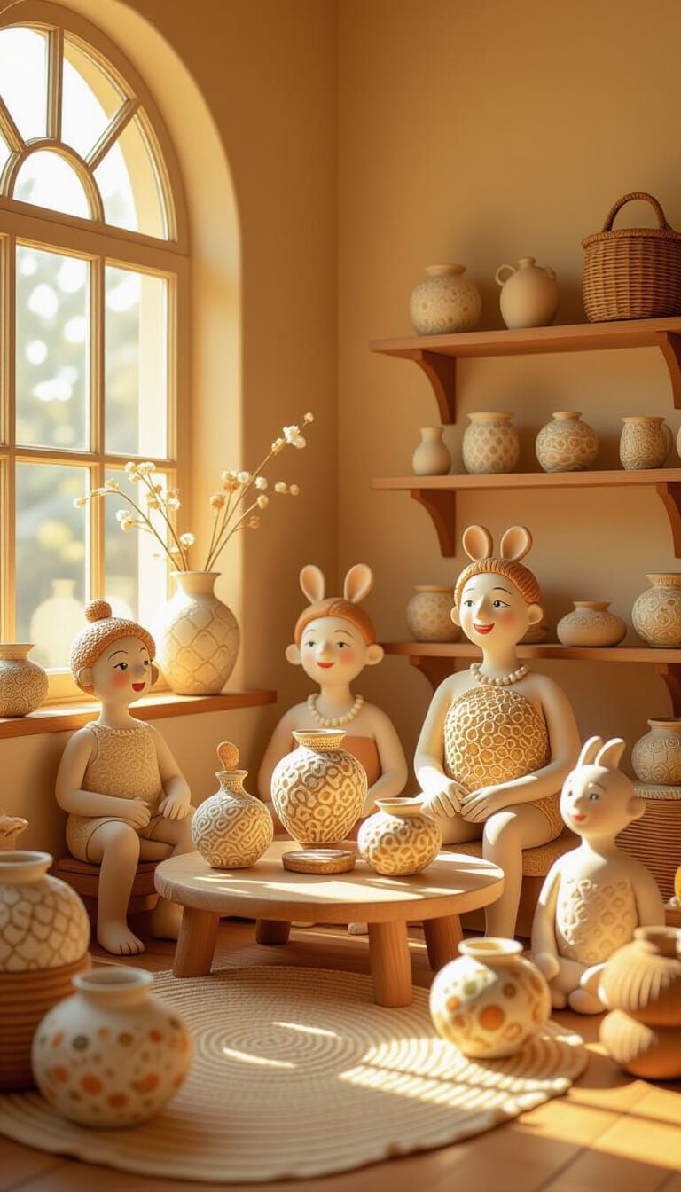 Whimsical Clay Sculptures in Golden Light