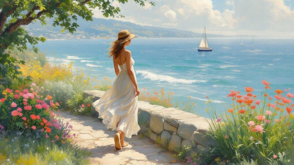 Woman Walks by Bay in Impressionistic Style