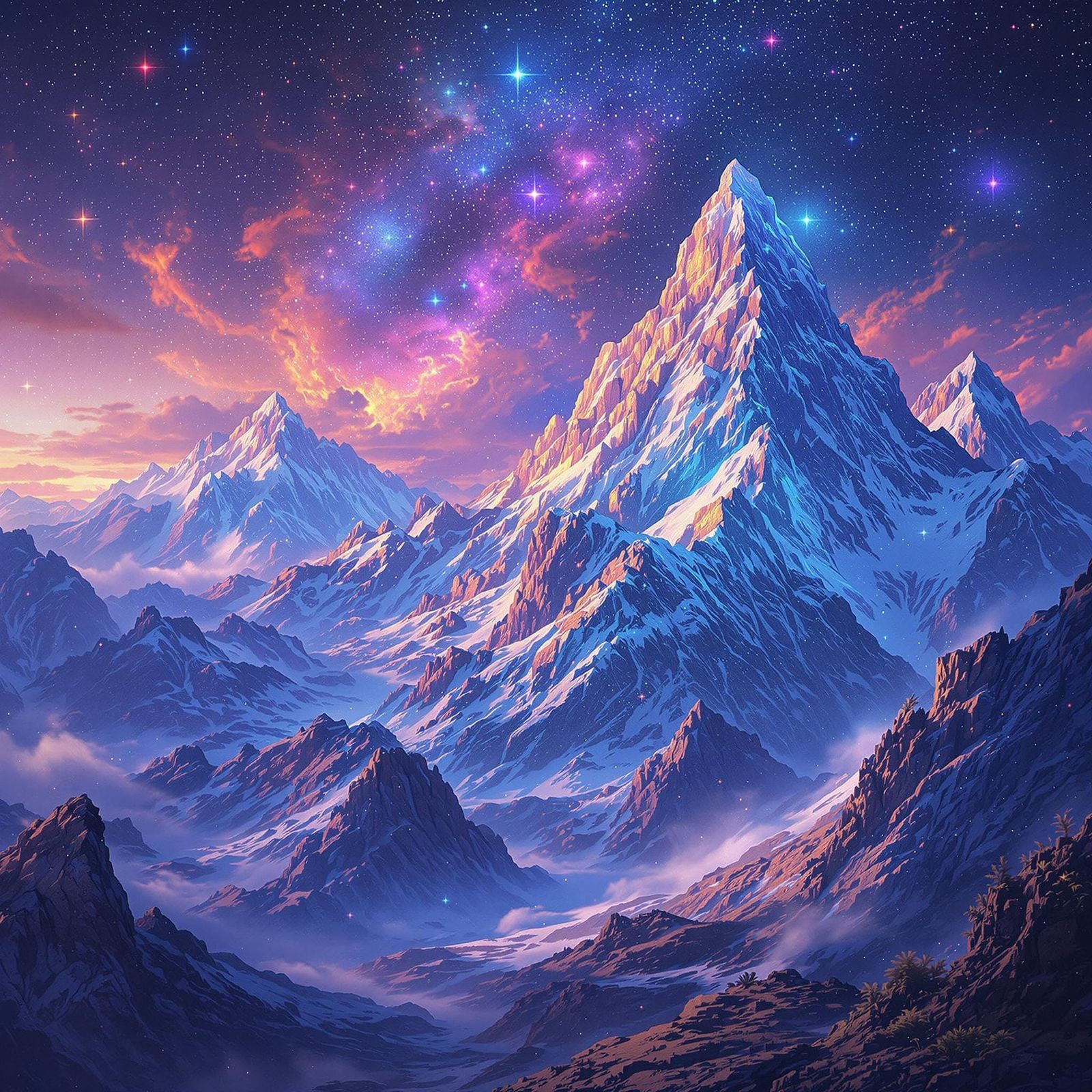 Stardust Mountains Against Cosmic Backdrop, Retro Sci-Fi Art