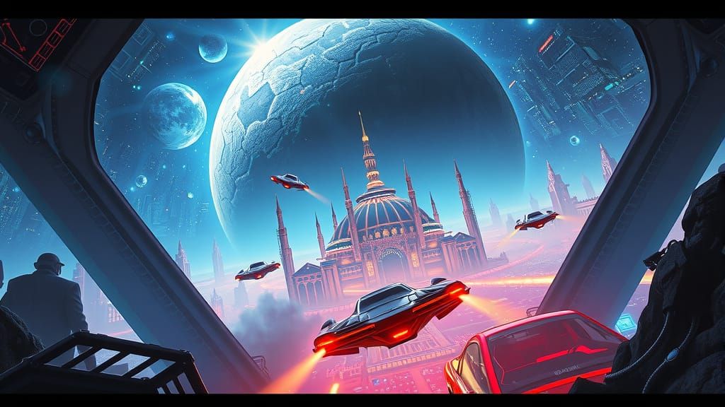 Neon City Inside Asteroid with Flying Cars