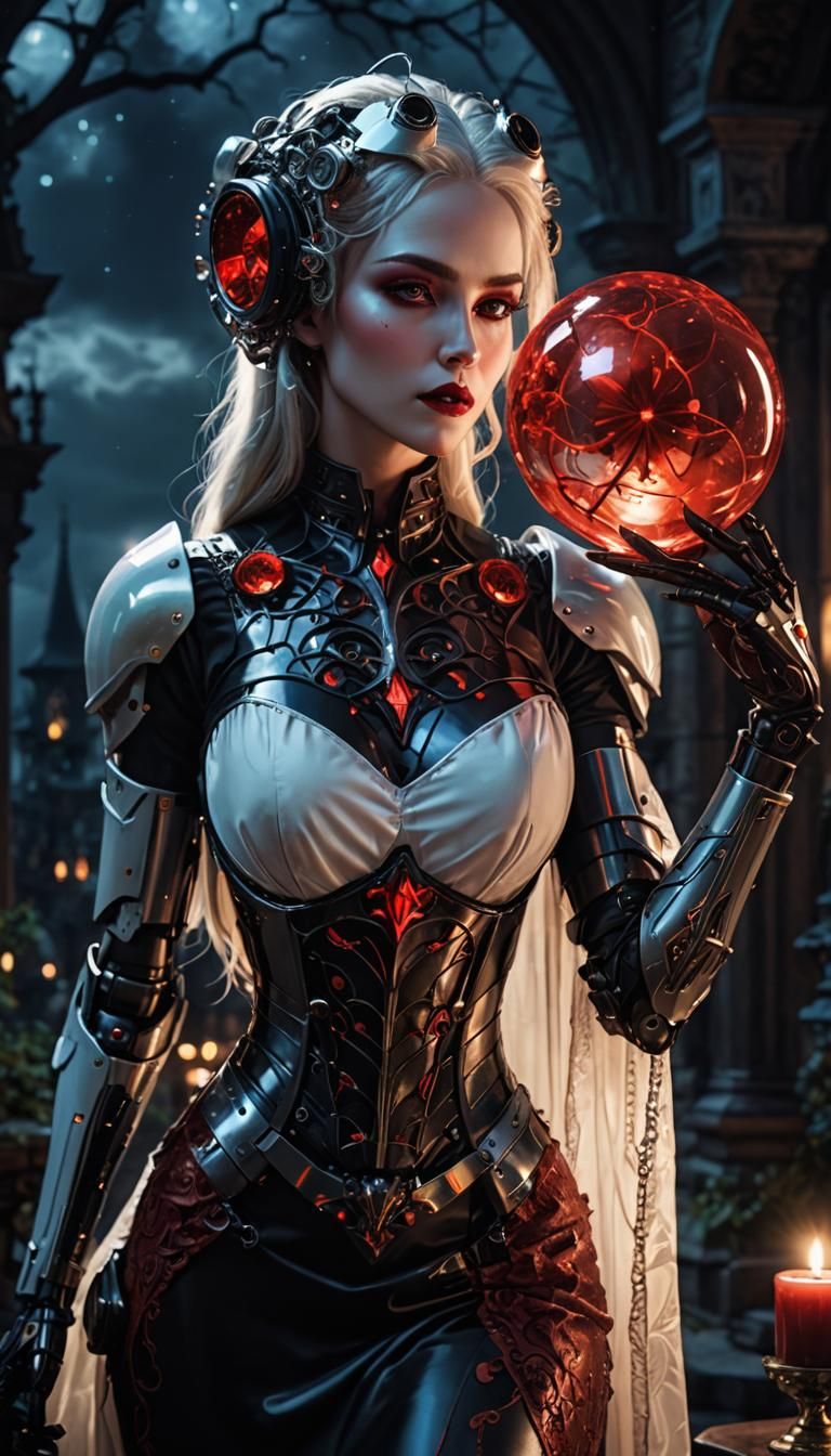 Fembot Vampire in Glass Dress Against Night Sky