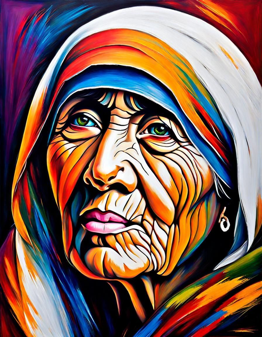 Mother Teresa Portrait in Colorful Abstract Oil Painting