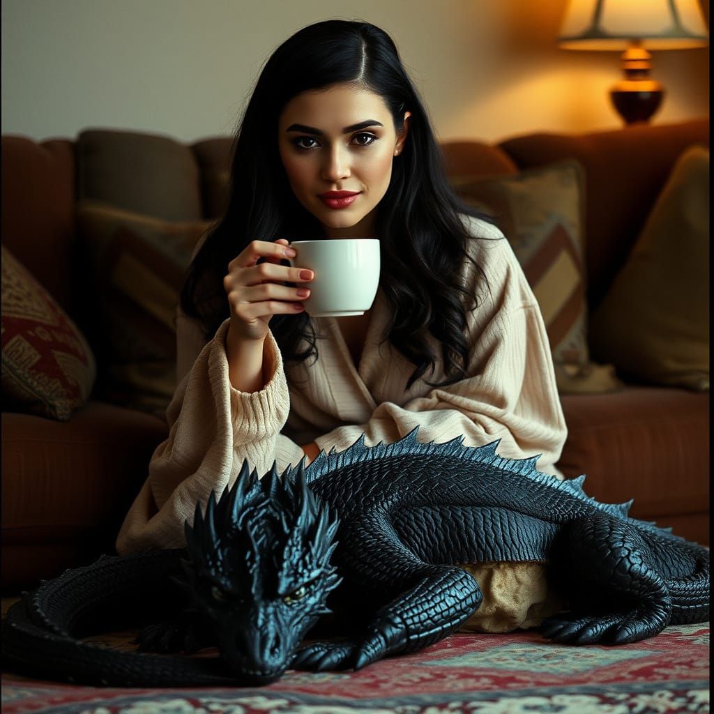 Stunning Film Noir Scene of Woman with Dragon Puppy