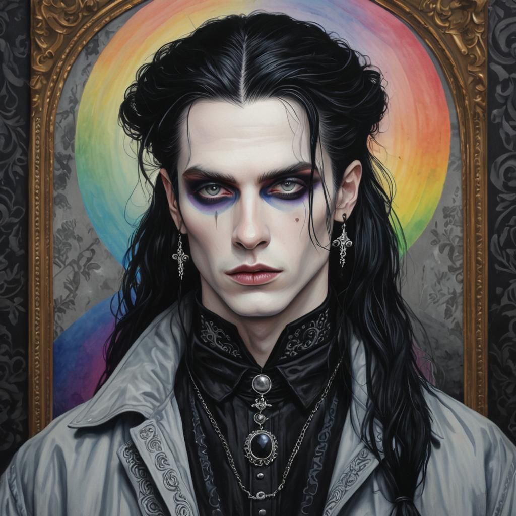 Goth Man with Rainbow Makeup in Watercolor Portrait