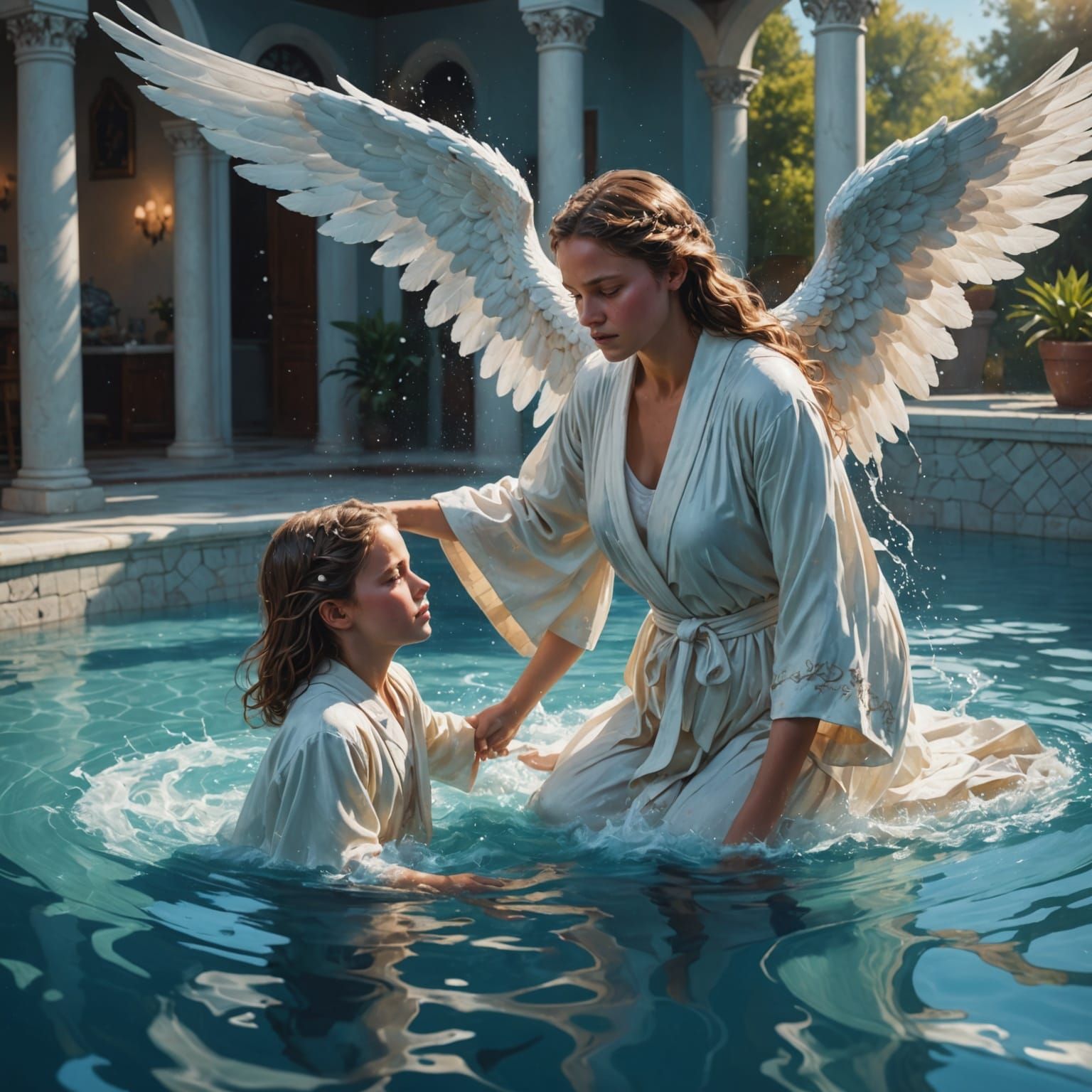 Angel Rescues Girl From Pool in Hyperrealistic Splash Art