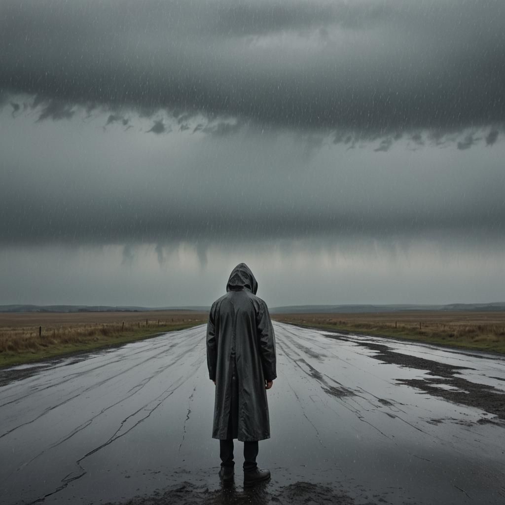 Melancholic Hooded Figure in Rainy Surrealist Landscape