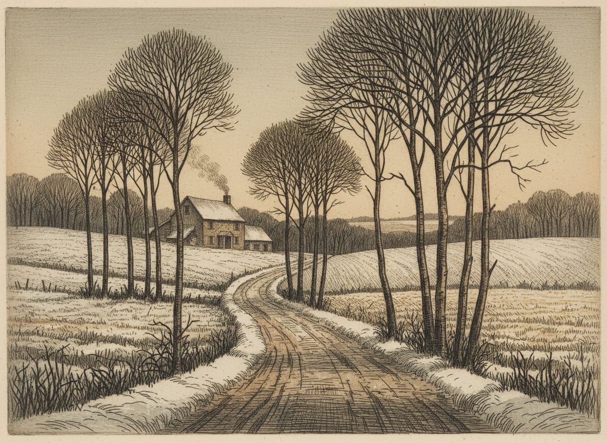Evening Landscape with Farmhouse and First Snow, Etching Sty...