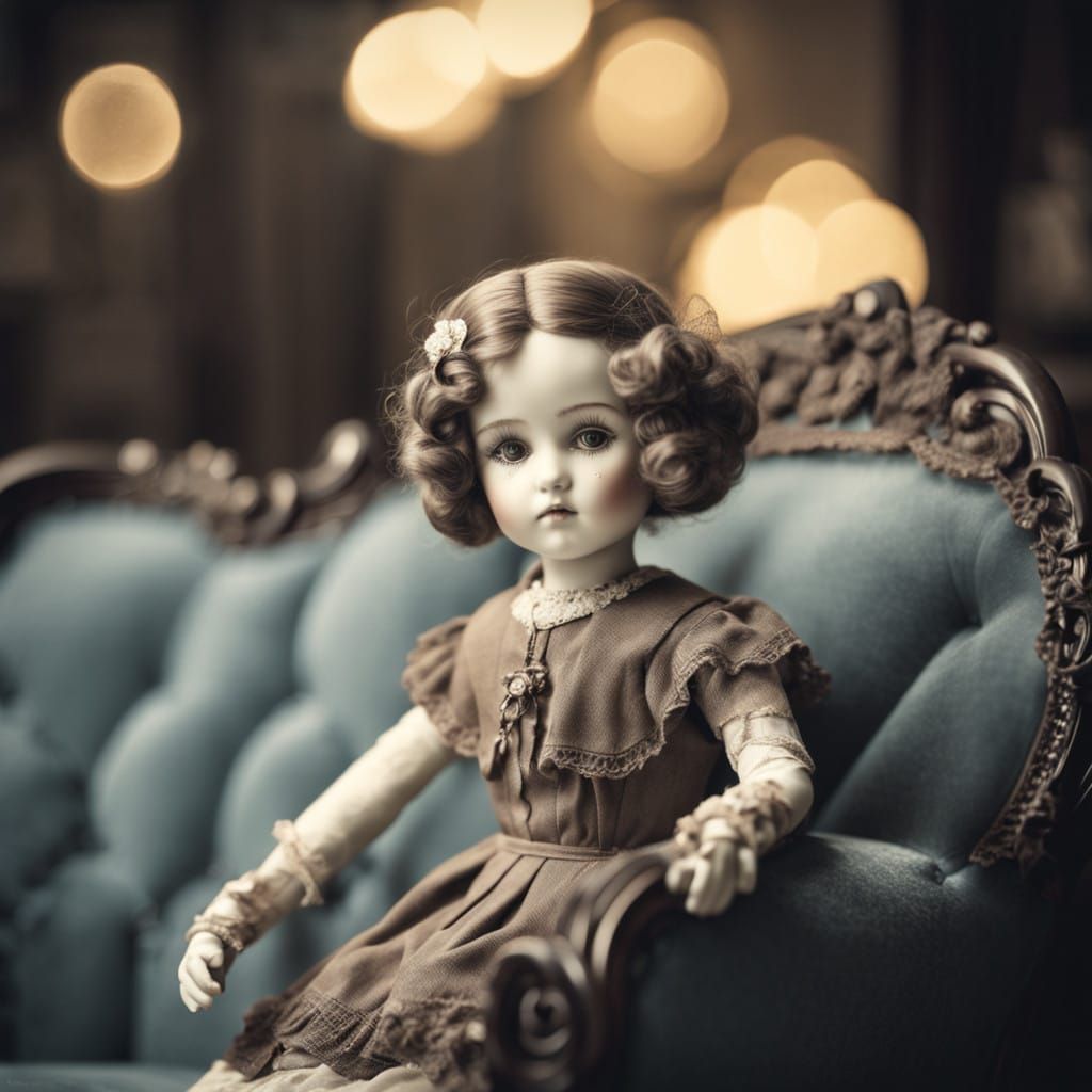 Vintage Porcelain Doll in Gothic Sepia Atmosphere