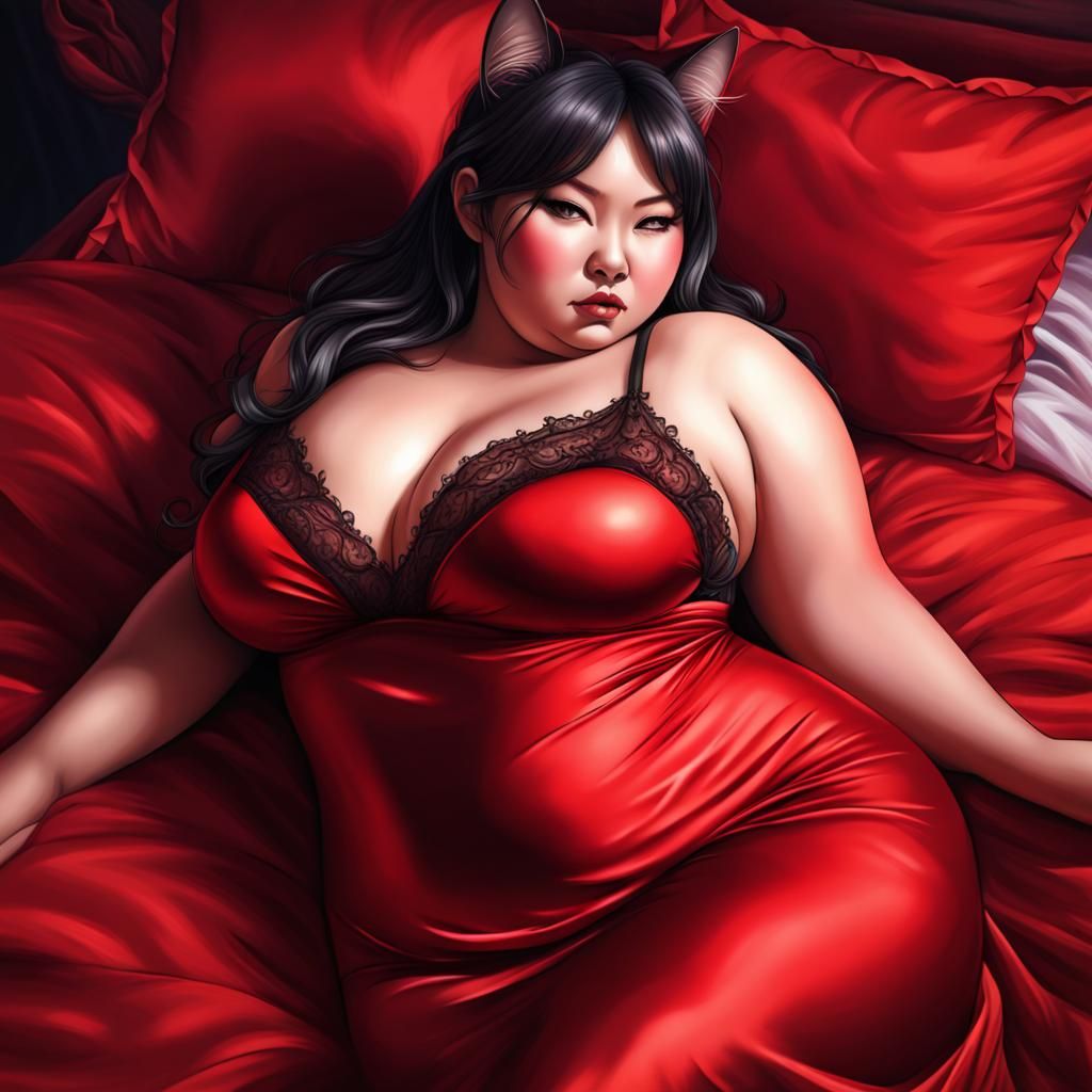 Hyperrealistic Asian Catgirl in Red and Black Nightie