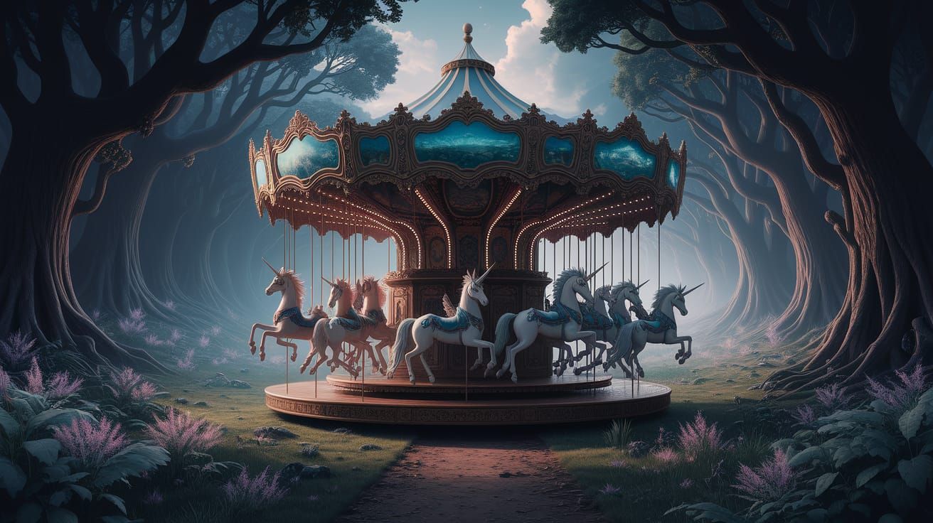 Enchanted Carousel of Mythical Creatures in Dark Forest