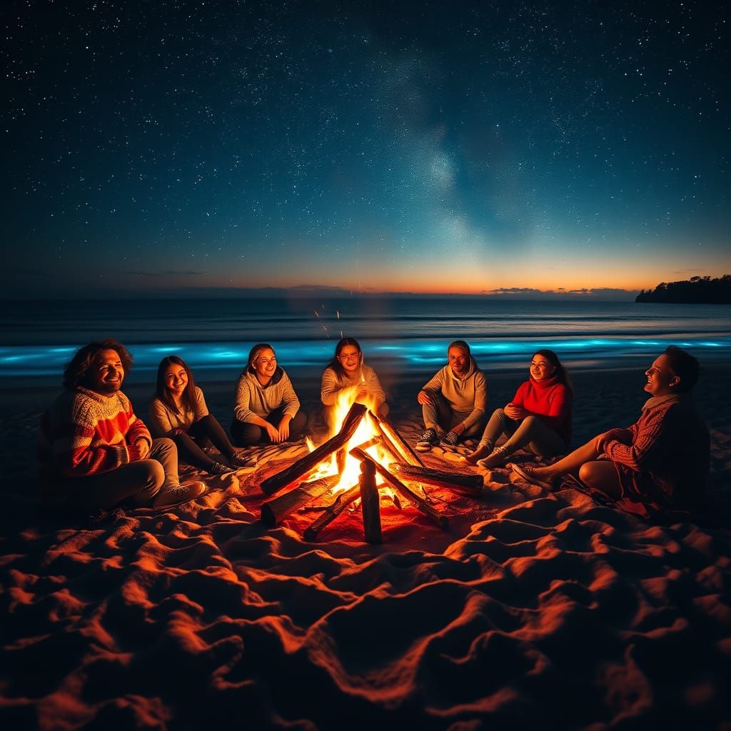 Bonfire on Beach Under Starry Bioluminescent Sky