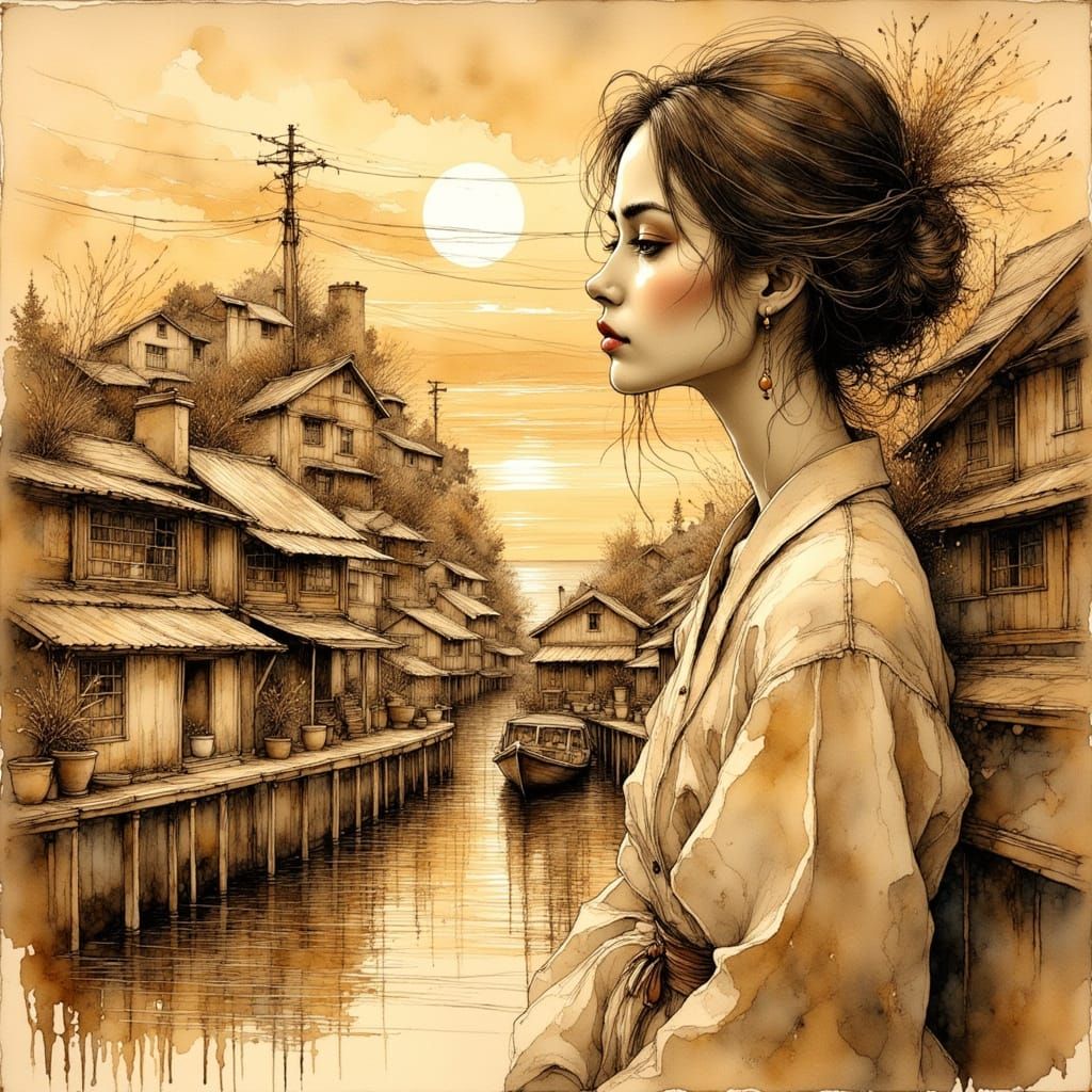 Monochromatic Portrait of Woman in Golden Seaside Village