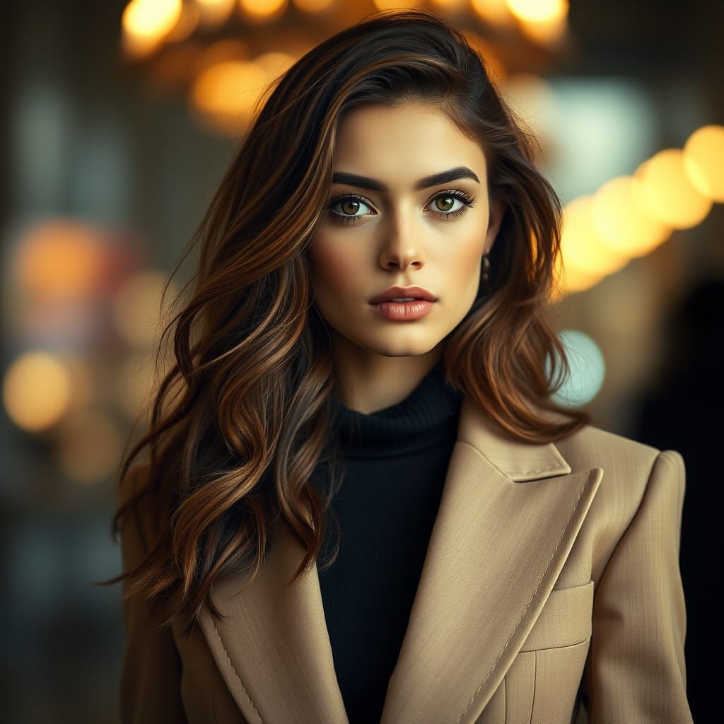 A breathtaking cinematic portrait of a young woman with cascading wavy brown hair and deep, expressive brown eyes. Her s...