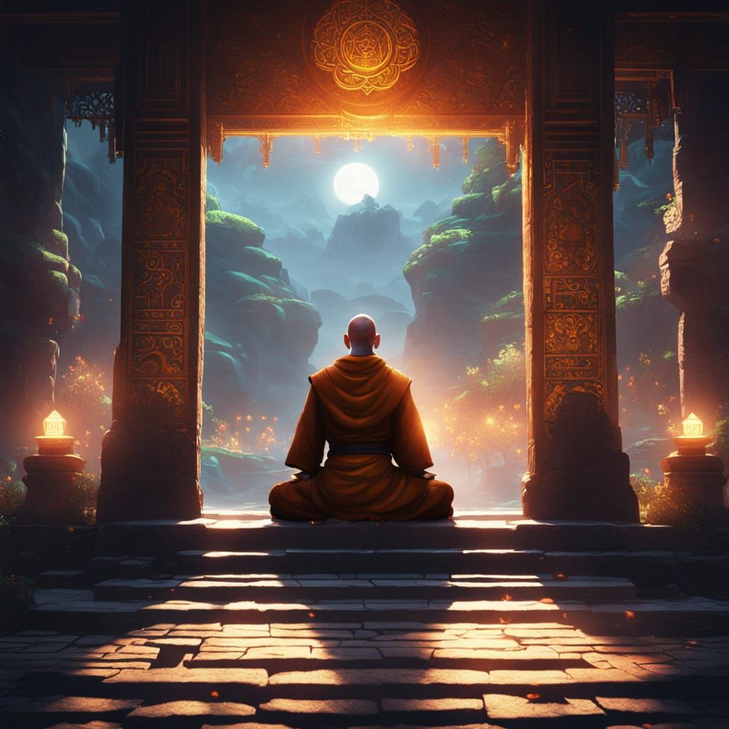 Serene Monk Meditating Before Glowing Gateway