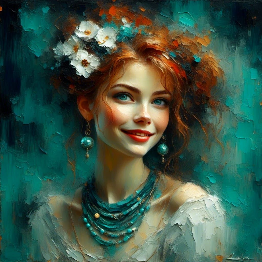 Tempting Female Portrait with Red Hair as Impasto Painting