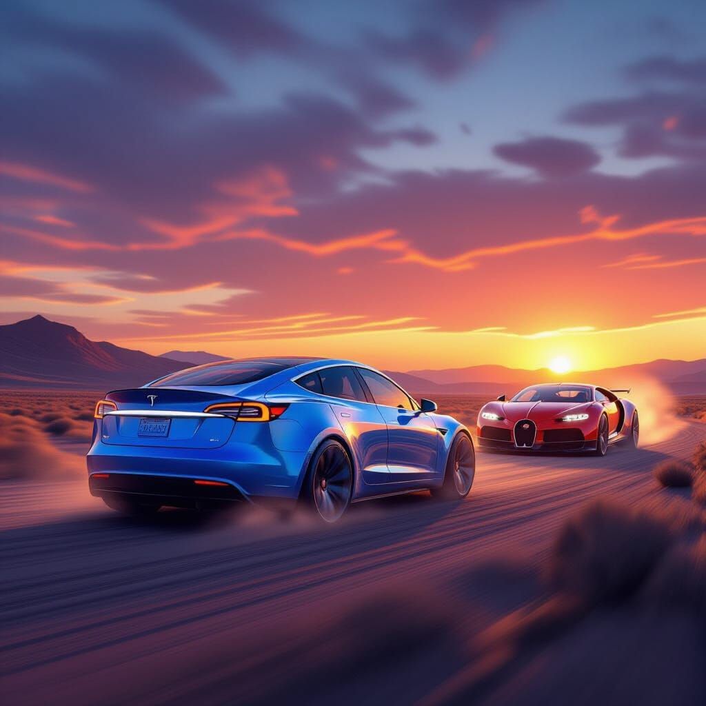 Futuristic Car Speeding Through Desert at Sunset