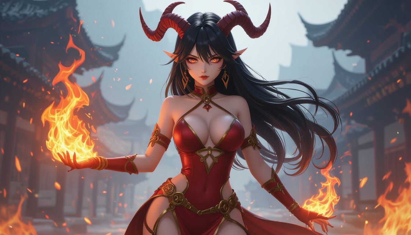 Fiery Half-Demon Woman in 3D Anime Style