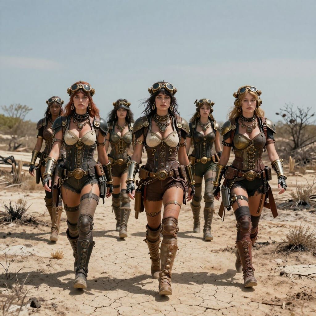 Steampunk Women on Deserted Island in Hyperrealistic Style