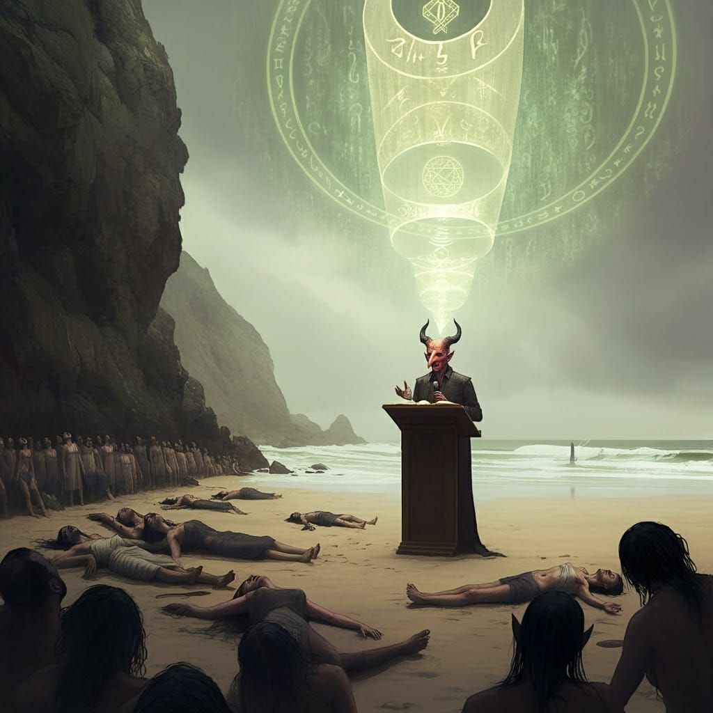 Demonic Orator Addresses a Crowd on Beach