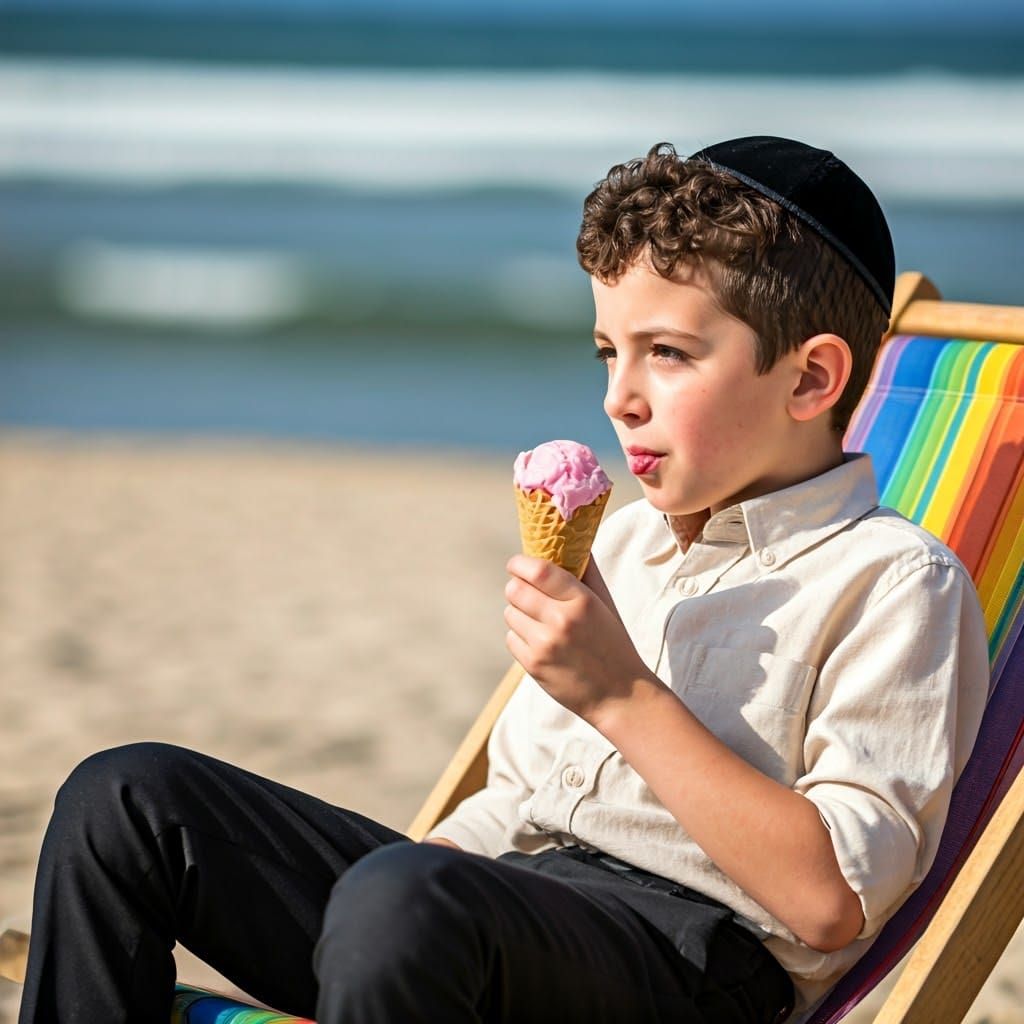 Boy with Ice Cream on Serene Beach