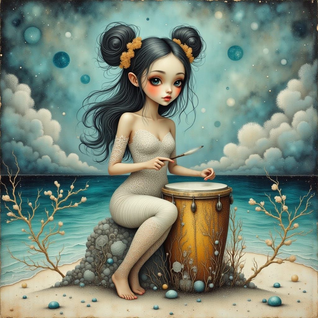 Woman Playing Drums on Shore in Whimsical Style